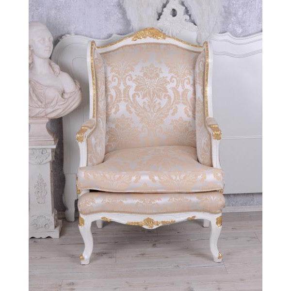 BAROCKER OHRENSESSEL ARMLEHNSESSEL ANTIK CREME-WEISS SILBER-GOLD