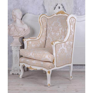 BAROCKER OHRENSESSEL ARMLEHNSESSEL ANTIK CREME-WEISS SILBER-GOLD