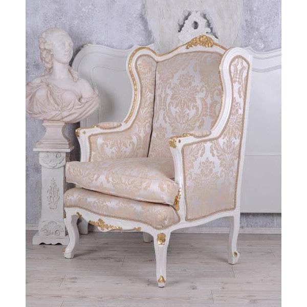 BAROCKER OHRENSESSEL ARMLEHNSESSEL ANTIK CREME-WEISS SILBER-GOLD
