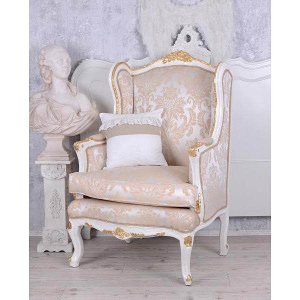 BAROCKER OHRENSESSEL ARMLEHNSESSEL ANTIK CREME-WEISS SILBER-GOLD