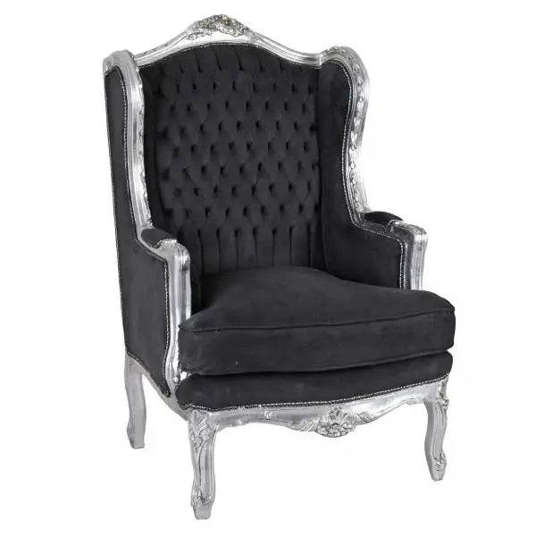 Ohrensessel Barock Silber Schwarz Rokoko Armlehnsessel Antik
