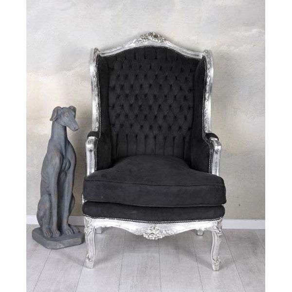 Ohrensessel Barock Silber Schwarz Rokoko Armlehnsessel Antik