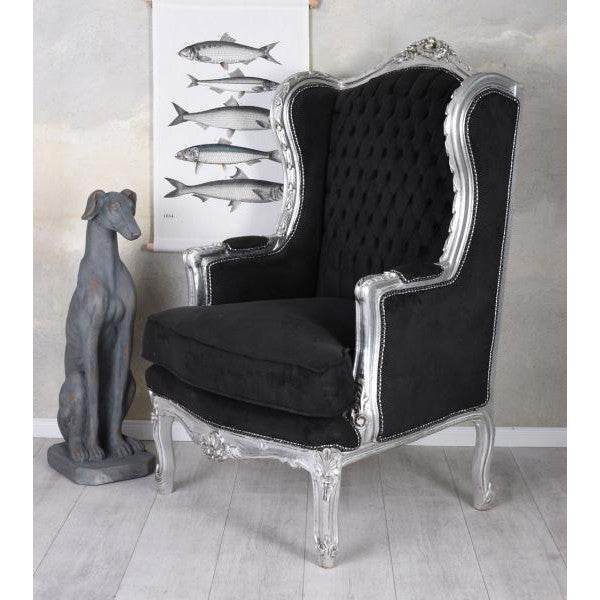 Ohrensessel Barock Silber Schwarz Rokoko Armlehnsessel Antik