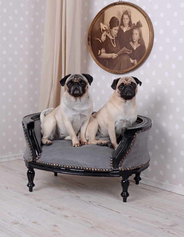 KÖNIGLICHES HUNDEBETT HUNDESOFA BAROCKSTIL MOPS BULLY SCHWARZ GRAU