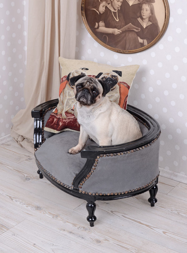 KÖNIGLICHES HUNDEBETT HUNDESOFA BAROCKSTIL MOPS BULLY SCHWARZ GRAU