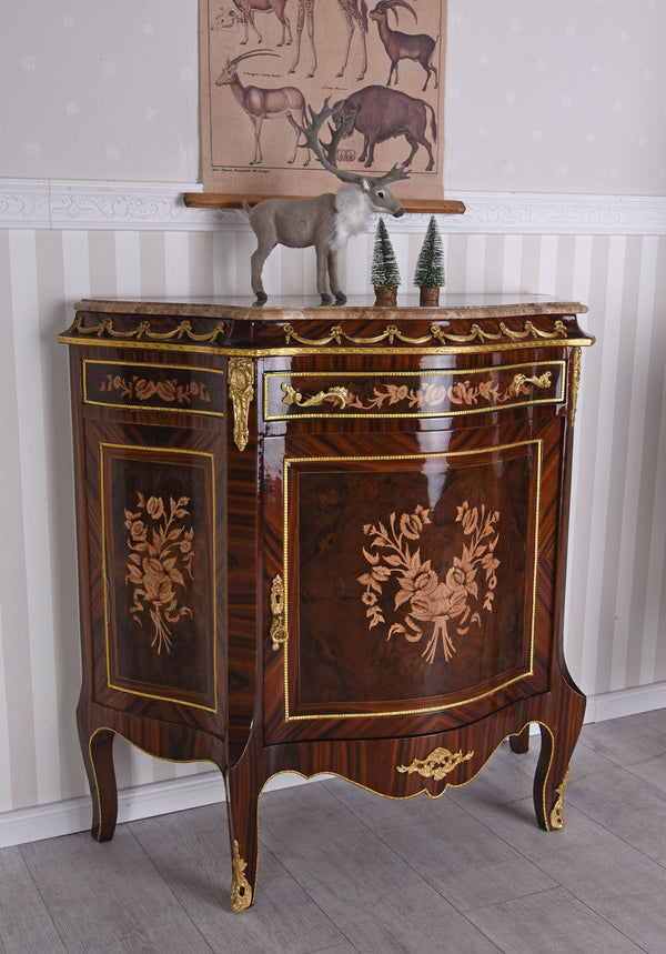 BAROCKSCHRANK HOLZSCHRANK MIT MARMORPLATTE INTARSIEN KOMMODE NACHTKOMMODE