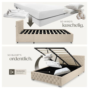 Bettset Polsterbett mit LED und Matratze Samtoptik sand 140 x 200 cm