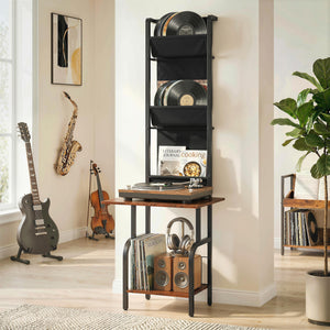CD-Regal mit Stofftaschen und Tischplatte in Holzoptik
