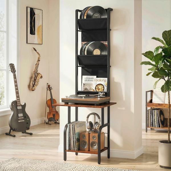 CD-Regal mit Stofftaschen und Tischplatte in Holzoptik