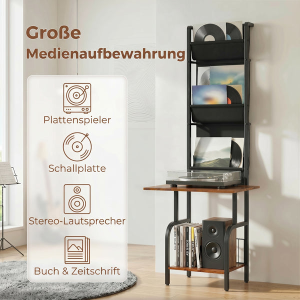 CD-Regal mit Stofftaschen und Tischplatte in Holzoptik