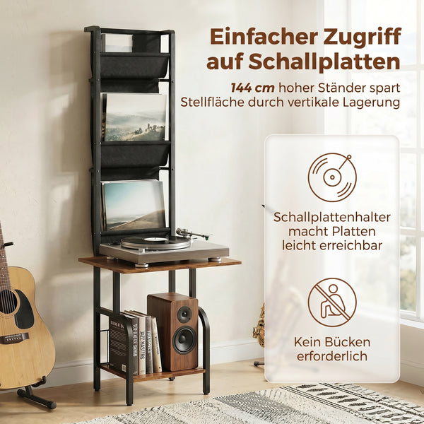 CD-Regal mit Stofftaschen und Tischplatte in Holzoptik