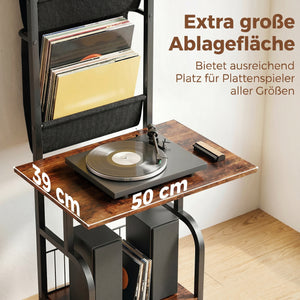 CD-Regal mit Stofftaschen und Tischplatte in Holzoptik