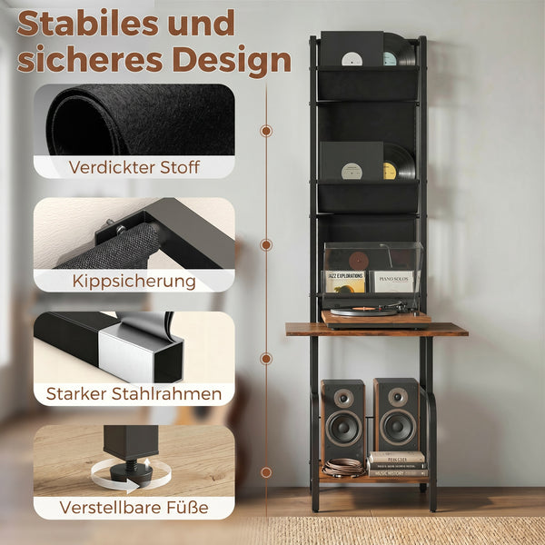 CD-Regal mit Stofftaschen und Tischplatte in Holzoptik