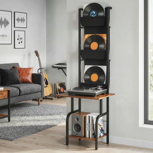 CD-Regal mit Stofftaschen und Tischplatte in Holzoptik