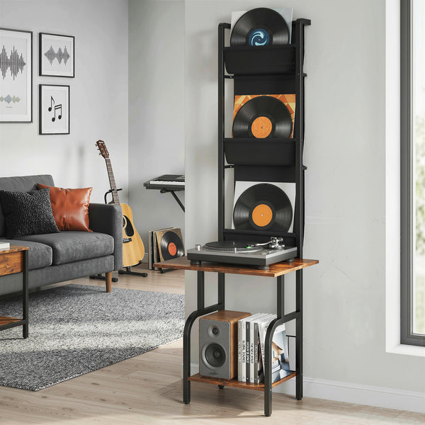 CD-Regal mit Stofftaschen und Tischplatte in Holzoptik