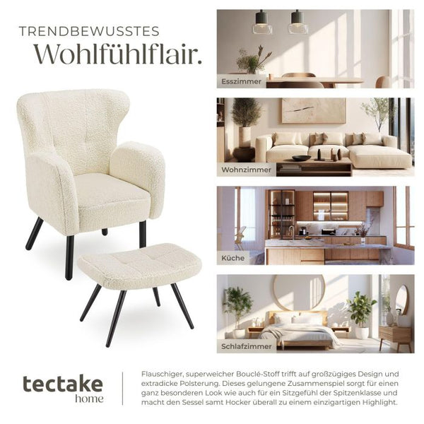 Sessel mit Hocker Vänersborg Bouclé creme/schwarz