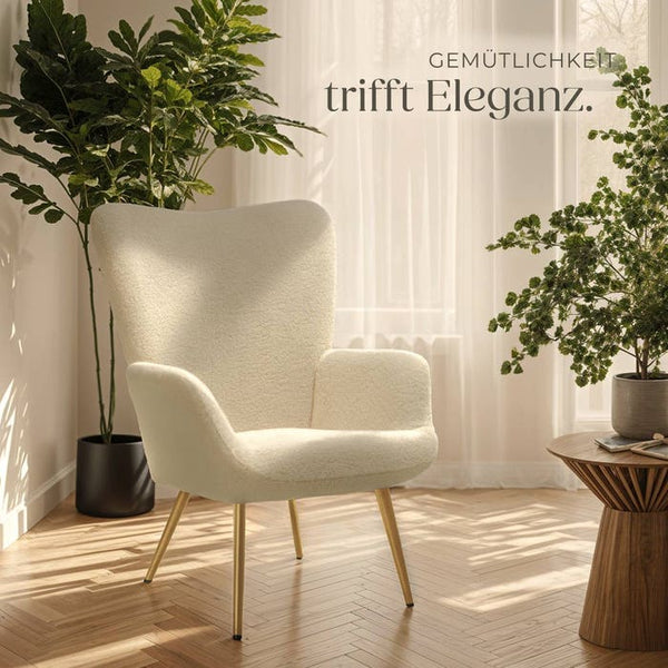 Sessel Hygge gepolstert, ergonomisch, Belastbarkeit 150 kg Bouclé creme/gold ohne Hocker