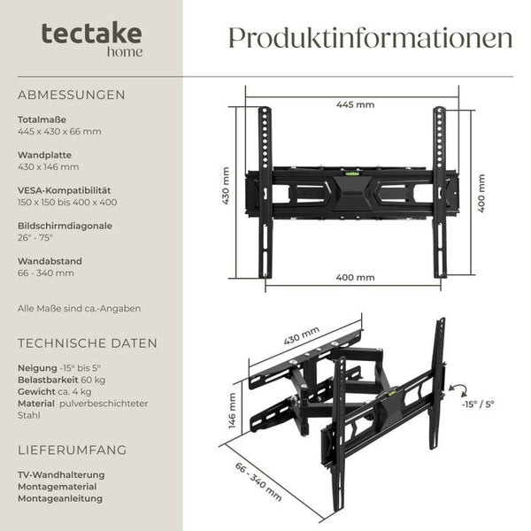 TV Wandhalterung neigbar, schwenkbar, bis 60kg