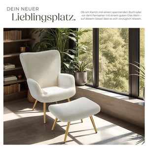 Sessel Hygge gepolstert, ergonomisch, Belastbarkeit 150 kg Bouclé creme/gold mit Hocker