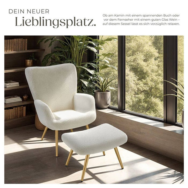 Sessel Hygge gepolstert, ergonomisch, Belastbarkeit 150 kg Bouclé creme/gold mit Hocker