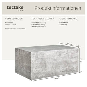 Couchtisch Lasley Beton Optik 90 x 50 x 40 cm