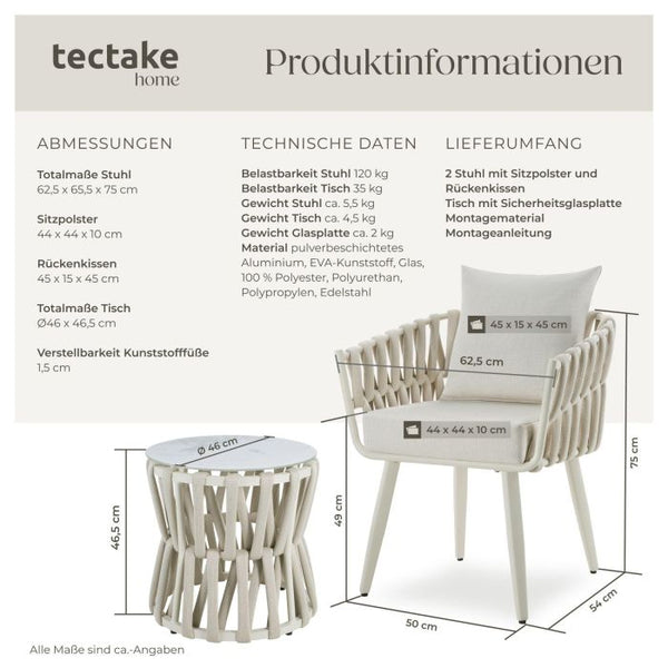 Gartenlounge-Set Lugano Rope-Design Aluminium beige, 2er Set Stühle mit Tisch