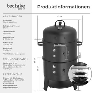 Räuchertonne 3in1 mit 2 Grillrosten und Thermometer schwarz