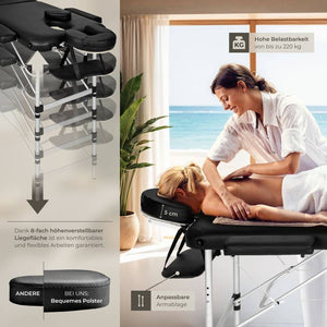 3 Zonen Massageliege mit 5cm Polsterung, Rollen und Aluminiumgestell schwarz