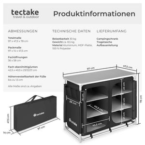 Campingschrank Deluxe mit Aluminiumgestell und 6 Fächern schwarz