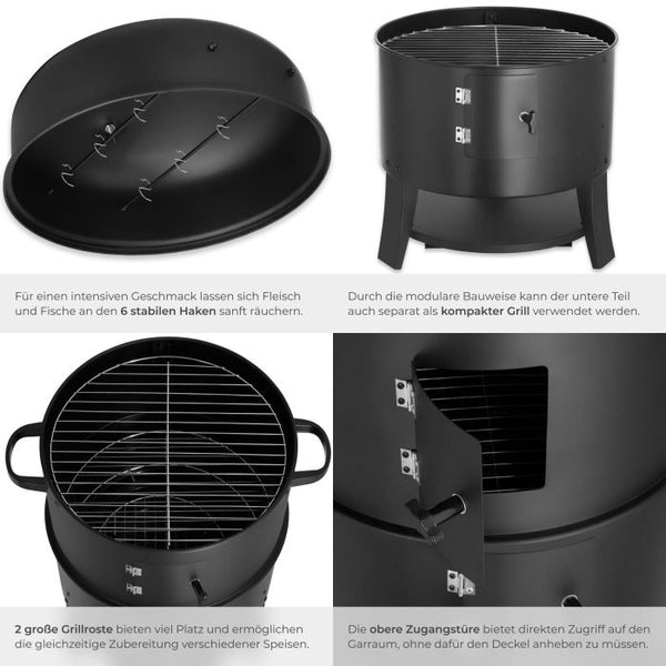 Räuchertonne 3in1 mit 2 Grillrosten und Thermometer schwarz