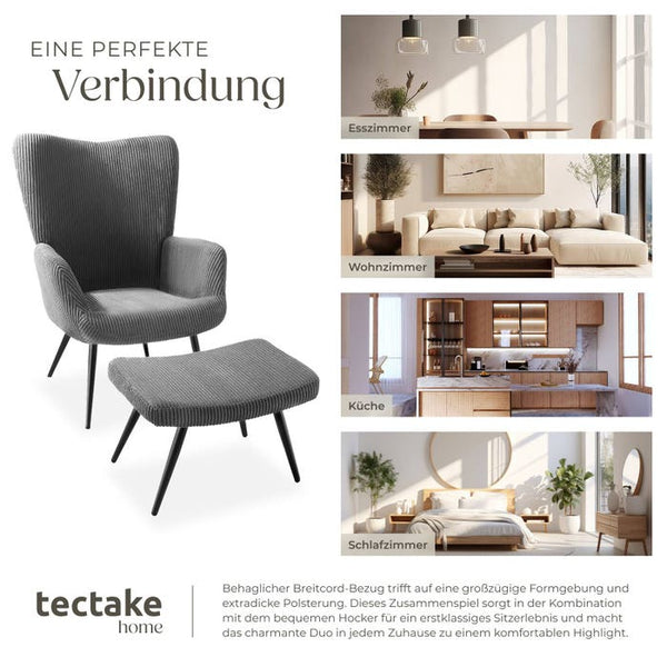 Sessel Hygge gepolstert, ergonomisch, Belastbarkeit 150 kg Breitcord anthrazit/schwarz mit Hocker