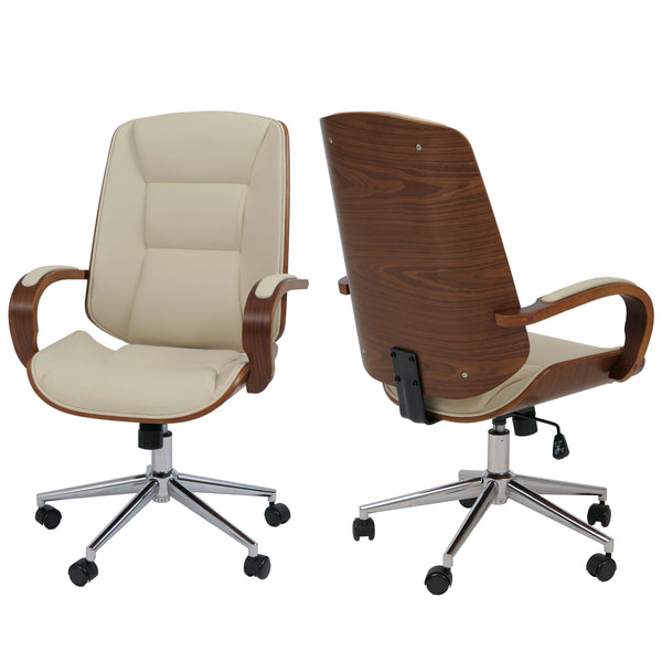 Chefsessel Drehstuhl creme Kunstleder Bugholz Walnuss-Optik
