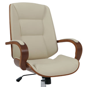 Chefsessel Drehstuhl creme Kunstleder Bugholz Walnuss-Optik