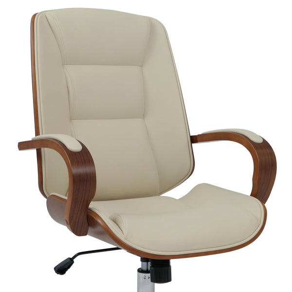 Chefsessel Drehstuhl creme Kunstleder Bugholz Walnuss-Optik