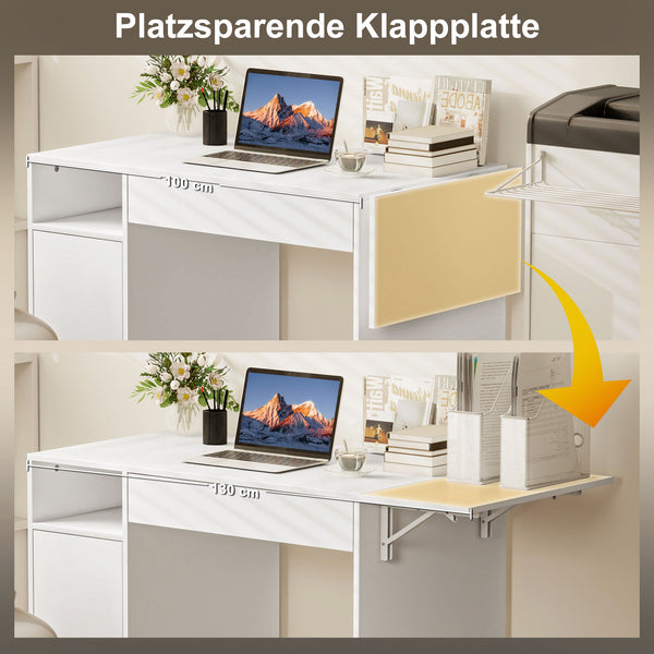 Computertisch klappbar mit Schrank Schublade und Rollen weiss