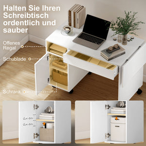 Computertisch klappbar mit Schrank Schublade und Rollen weiss