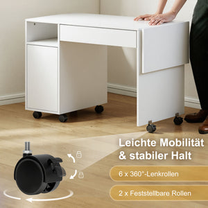 Computertisch klappbar mit Schrank Schublade und Rollen weiss
