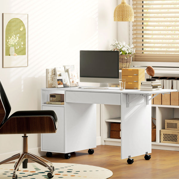 Computertisch klappbar mit Schrank Schublade und Rollen weiss