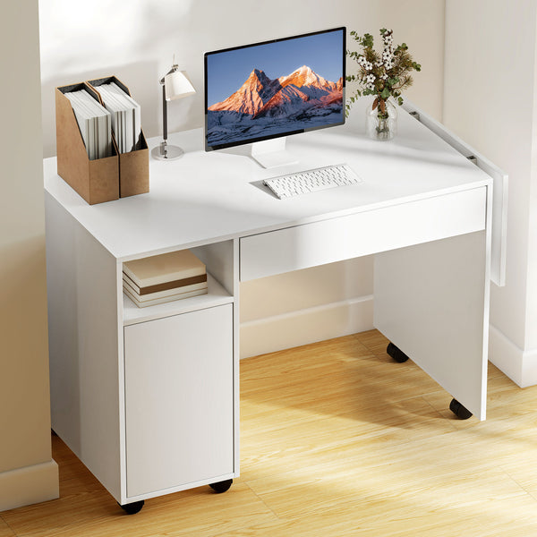 Computertisch klappbar mit Schrank Schublade und Rollen weiss