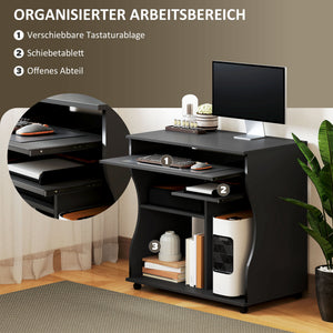 Computertisch mit Rollen und Stauraum für kleines Büro schwarz