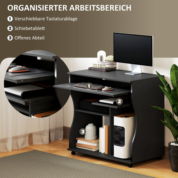 Computertisch mit Rollen und Stauraum für kleines Büro schwarz