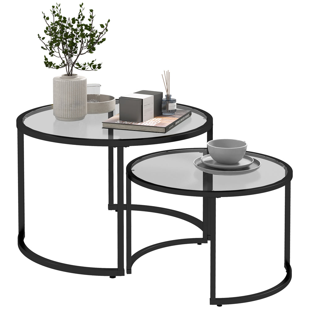 Couchtisch 2er-Set Stahlgestell Hartglas stapelbar Schwarz