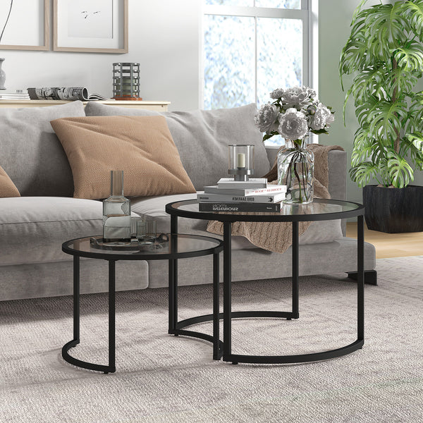 Couchtisch 2er-Set Stahlgestell Hartglas stapelbar Schwarz