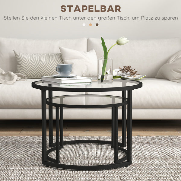 Couchtisch 2er-Set Stahlgestell Hartglas stapelbar Schwarz