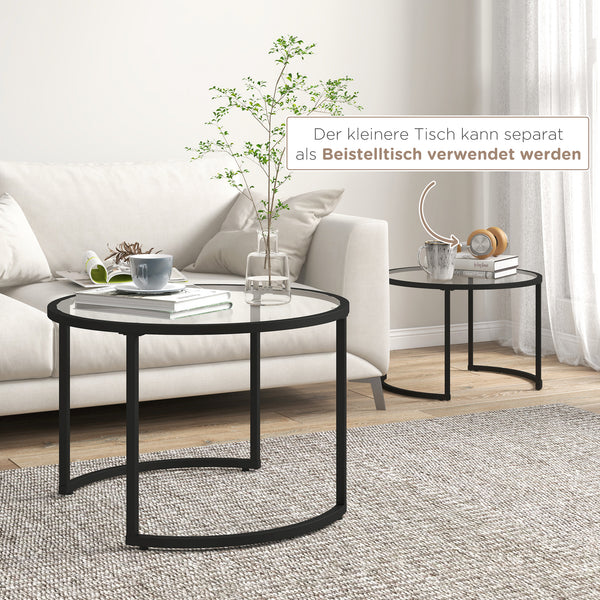 Couchtisch 2er-Set Stahlgestell Hartglas stapelbar Schwarz