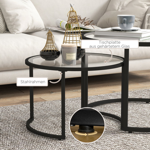 Couchtisch 2er-Set Stahlgestell Hartglas stapelbar Schwarz