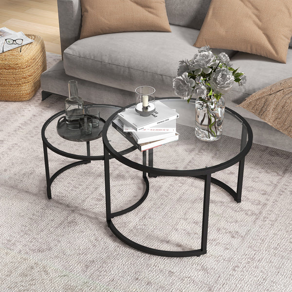Couchtisch 2er-Set Stahlgestell Hartglas stapelbar Schwarz
