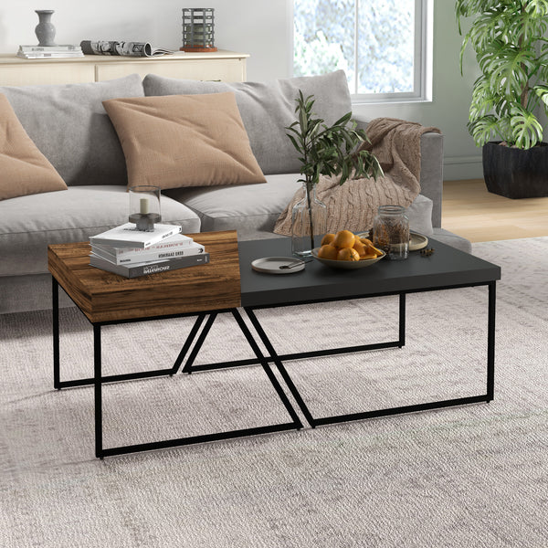 Couchtisch 2er-Set Stahlrahmen Industriedesign Schwarz-Braun