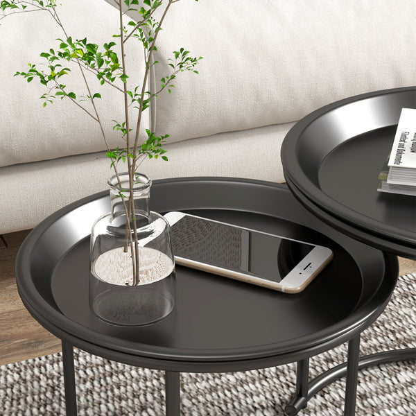 Couchtisch 2er-Set stapelbar Ø43/35cm für Wohnzimmer Schwarz