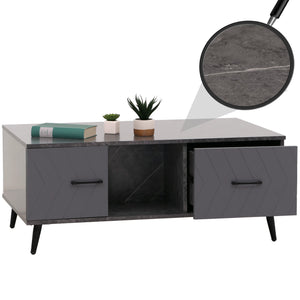 Couchtisch Sofatisch Schubladen Türen Fischgrätenmuster 42x103x60cm Marmor-Optik grau